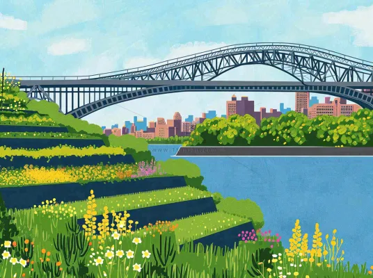 城市河边草地交通风景，春天阳光蓝天白云手绘插画