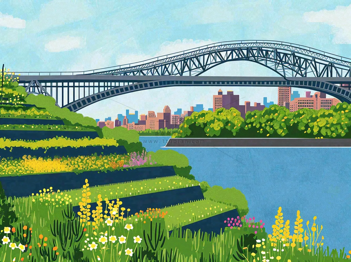 城市河边草地交通风景,春天阳光蓝天白云手绘插画