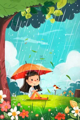 春天户外雨天打雨伞的小女孩坐着地上嬉水春游踏青唯美惊蛰雨水谷雨卡通插画背景