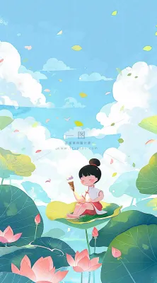 夏日荷花荷叶上的女孩古风人物插画蓝天白云立夏夏至插画背景