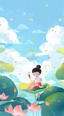 夏日荷花荷叶上的女孩古风人物插画蓝天白云立夏夏至插画背景 夏日荷花荷叶上的女孩古风人物插画蓝天白云立夏夏至插画背景