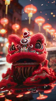 新年舞狮舞龙热闹街区红色喜庆节日小年除夕夜春节背景