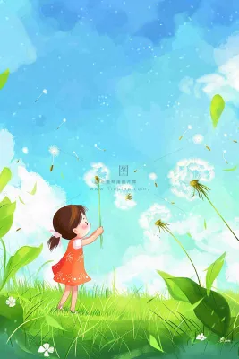 春天蒲公英绿草地蓝天白云红裙子女孩小清新唯美立春春分惊蛰立夏卡通插画背景 春天蒲公英绿草地蓝天白云红裙子女孩小清新唯美立春春分惊蛰立夏卡通插画背景