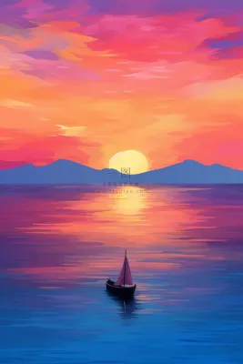 海洋日出日落晚霞夕阳行驶的帆船插画背景