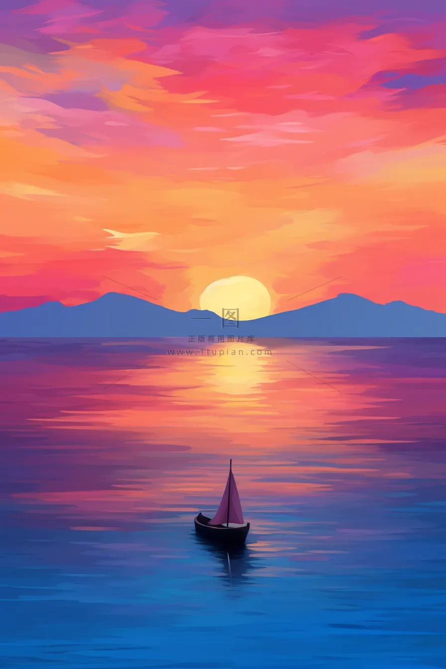 海洋日出日落晚霞夕阳行驶的帆船插画背景