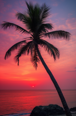 海边沙滩夕阳晚霞日出椰树摄影图