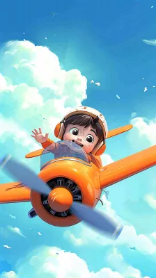 卡通少年男孩飞行飞机玩耍,可爱儿童节,天空白云 卡通少年男孩飞行飞机玩耍,可爱儿童节,天空白云