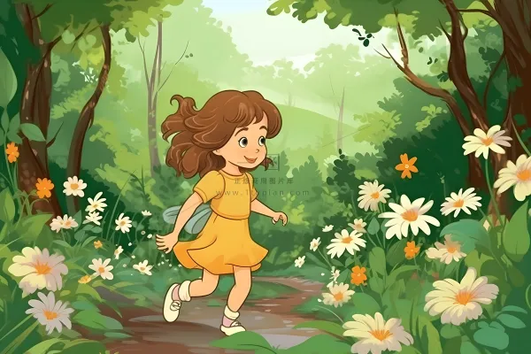 春天小女孩在森林里漫步奔跑草丛花手绘插画素材背景