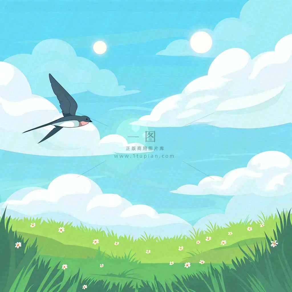 春天绿色草地草丛蓝天白云立春春分惊蛰节气卡通插画背景