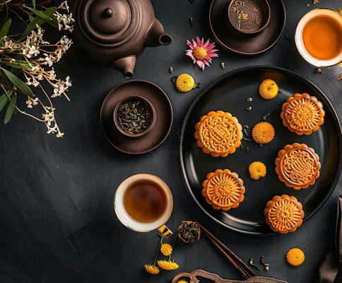 中秋美食月饼中国传统糕点摆盘装饰泡茶摄影图