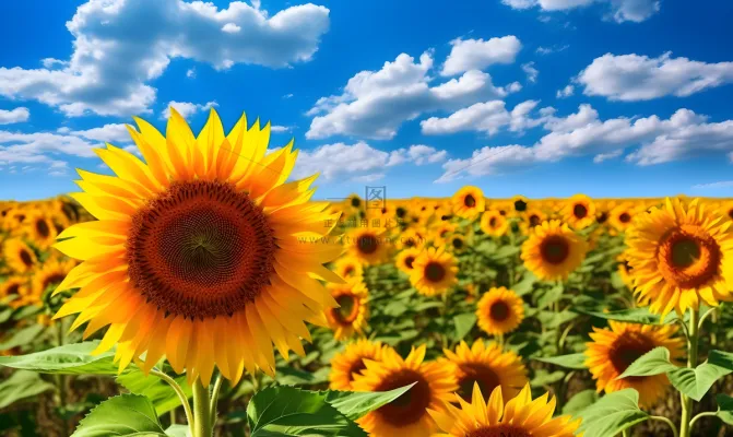 蓝天白云下盛开的向日葵摄影图
