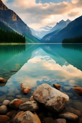 清澈的湖泊里面有很多鹅卵石远处是雪山的摄影图