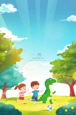儿童和恐龙一起踢球玩耍创意童话儿童节卡通插画背景 儿童和恐龙一起踢球玩耍创意童话儿童节卡通插画背景