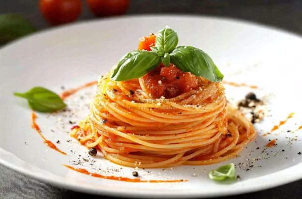 美味的意大利面番茄奶油意面罗勒叶美食摄影图