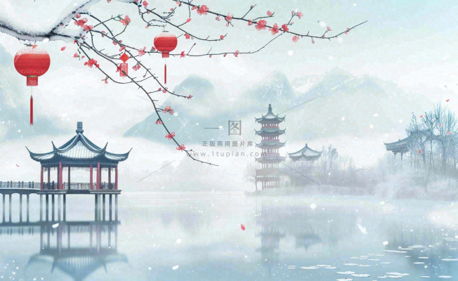 冬天雪景江南风景梅花枝头凉亭红灯笼寒露小雪冬至立冬卡通插画背景 冬天雪景江南风景梅花枝头凉亭红灯笼寒露小雪冬至立冬卡通插画背景