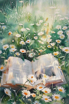 草丛花丛里的书本阅读世界读书日水彩插画背景