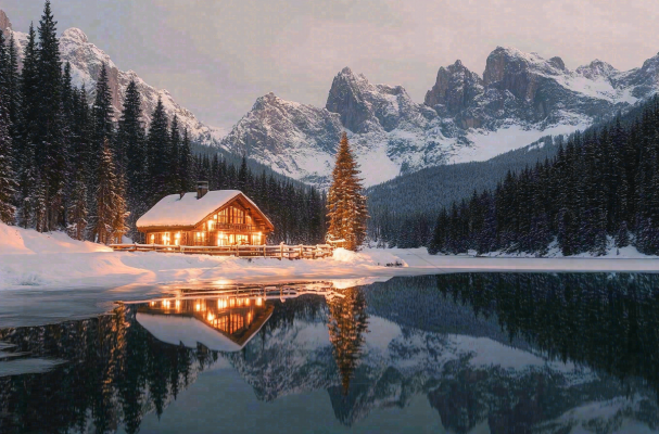 雪山下的湖泊木屋灯火大自然雪景摄影图
