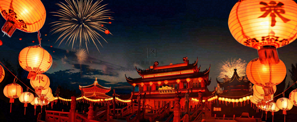 新年节日京城灯火灯笼烟花爆竹盛世国风小年除夕元宵节插画背景