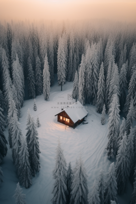 大雪森林深处的木屋摄影图