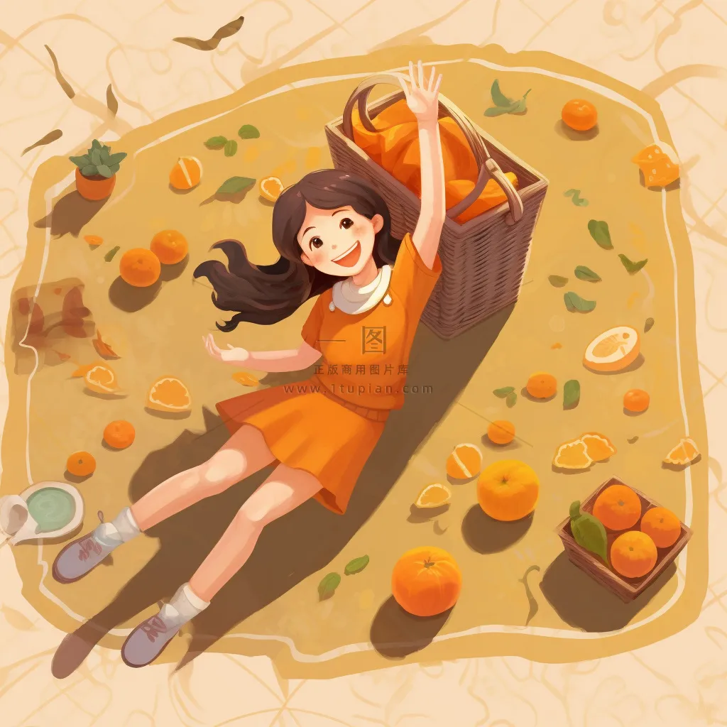 野餐垫上的女孩水果玩耍开心橙色插画素材背景