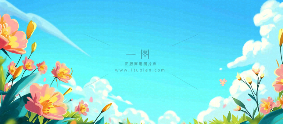 春日草地鲜花清新郊外草坪蓝天白云，春分