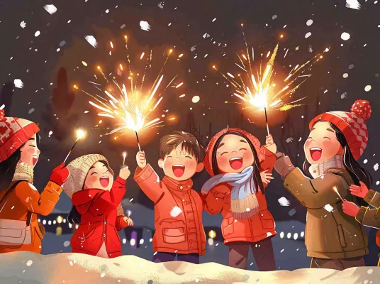 孩童儿童一起放烟花场景开心热闹庆祝新年春节小年除夕夜卡通插画