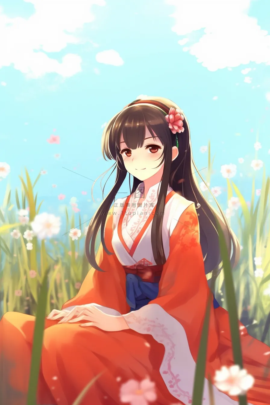 古风少女红裙子在草丛中花瓣纷飞卡通插画