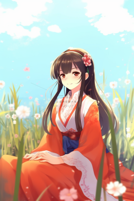 古风少女红裙子在草丛中花瓣纷飞卡通插画