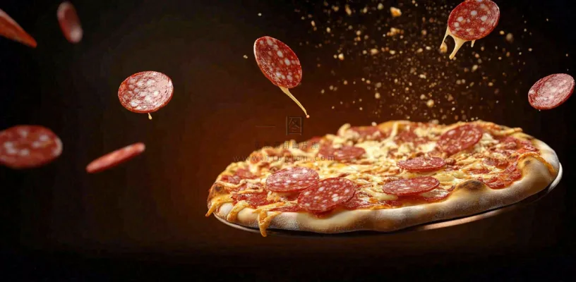 美味的披萨芝士培根腊肠美食摄影图