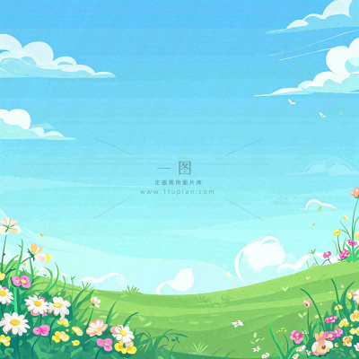 春天清新蓝天白云草地绵羊花朵扁平插画手绘 春天清新蓝天白云草地绵羊花朵扁平插画手绘