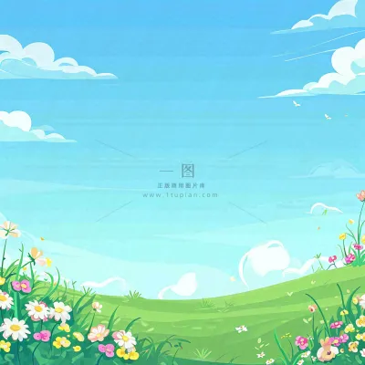 春天清新蓝天白云草地绵羊花朵扁平插画手绘 春天清新蓝天白云草地绵羊花朵扁平插画手绘