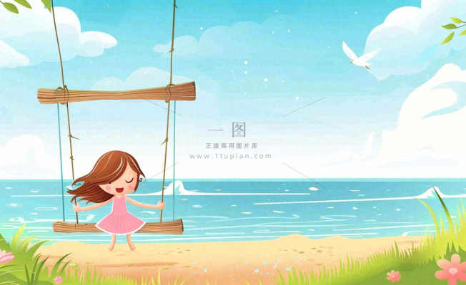 夏天海边风景大海沙滩蓝天白云立夏夏至大暑小暑唯美插画背景