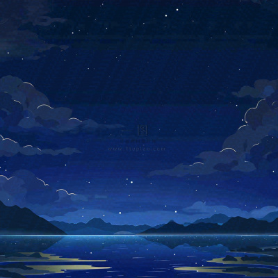 夜晚河面星空月亮唯美夜景扁平插画手绘