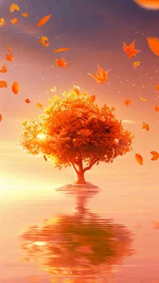 秋天树木的秋叶在河面上飘扬，金黄色温馨，秋分