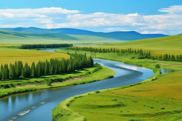 草原河流湿地白云蓝天大自然风景摄影图