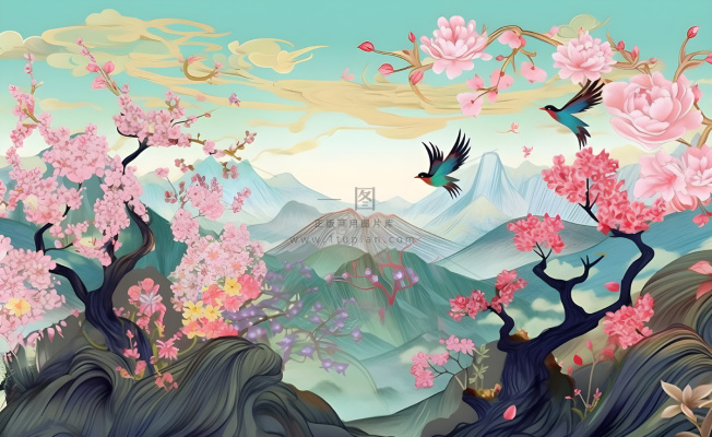 国潮风山峦云树枝花鸟插画海报素材背景 国潮风山峦云树枝花鸟插画海报素材背景