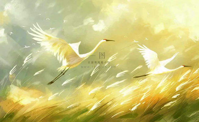 秋天白鹭飞鹤芦苇丛白露寒露节气插画背景