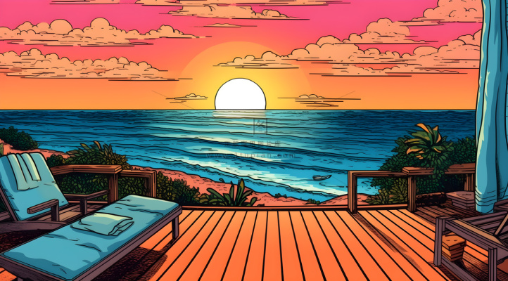 海边度假，极简背景风格，充满活力的漫画，充满活力的卡通，浅棕色和天蓝色插画背景