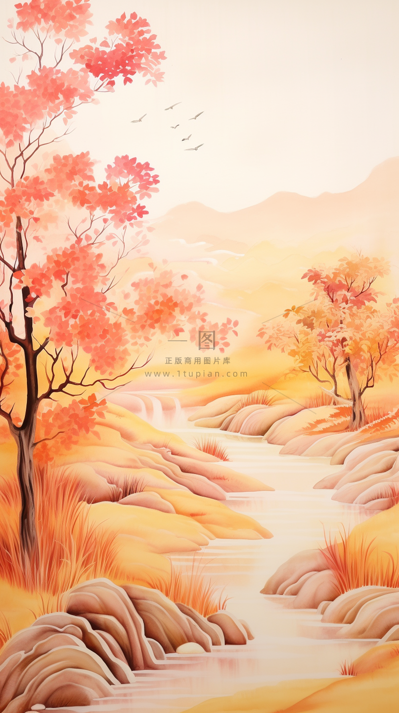 国风山水画河流花草国画水墨画素材背景