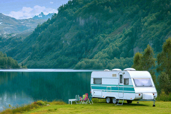 野外露营湖边停着一辆房车，野餐，春游摄影图