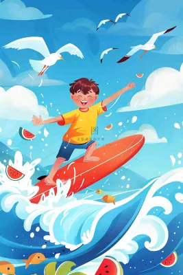 夏日炎热冲浪运动男孩西瓜清凉海鸥立夏夏至小暑大暑卡通插画背景