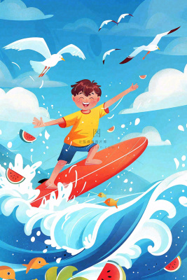 夏日炎热冲浪运动男孩西瓜清凉海鸥立夏夏至小暑大暑卡通插画背景 夏日炎热冲浪运动男孩西瓜清凉海鸥立夏夏至小暑大暑卡通插画背景
