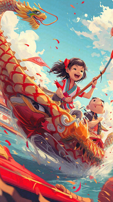 海面上龙船开船手绘插画，孩子人物，蓝天白云古风