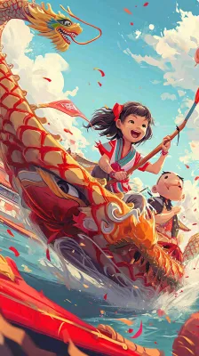 海面上龙船开船手绘插画，孩子人物，蓝天白云古风