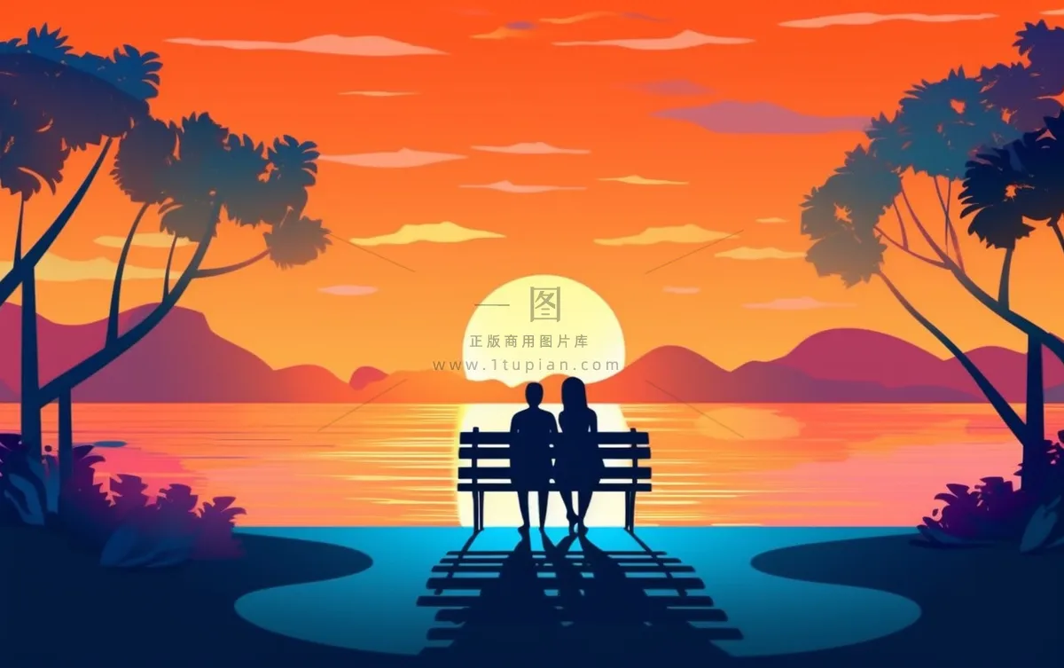 夕阳晚霞日楼情侣剪影橘红背景
