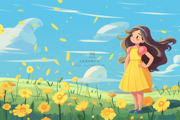 黄裙子女孩花丛中花瓣飞舞风景卡通插画背景