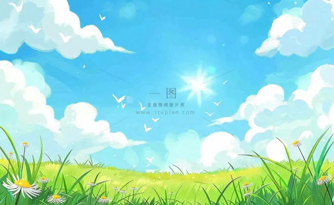 春天绿色草地草丛蓝天白云立春春分惊蛰节气卡通插画背景