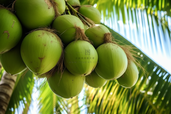 椰子树上挂满了椰子果实摄影图