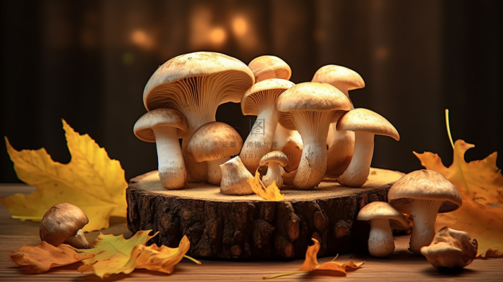 蘑菇秋季菌类木桩黄叶装饰摄影图