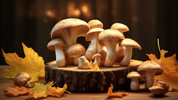 蘑菇秋季菌类木桩黄叶装饰摄影图